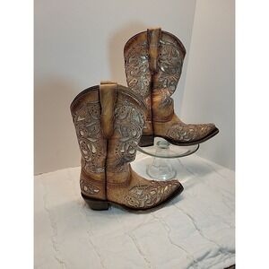Corral Teens Cowboy Boots Size 3.5 Brown Leather Snip Toe Inlay‎ Western